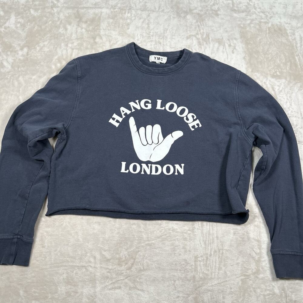 YMC Hang Loose London Print Cropped Sweatshirt Navy Blue Women’s Size Large